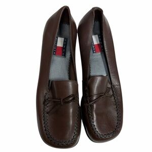 Tommy Hilfiger Brown Leather Square Toe Loafers Moc Toe Bow Flats Women’s 6.5